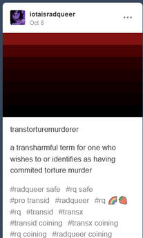 "transtorturemurderer: a transharmful term for one who wishes to or identifies as having commited torture murder"